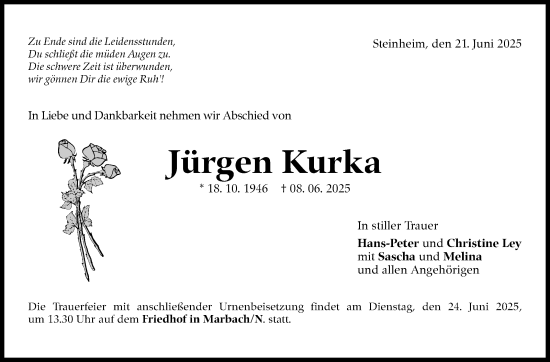 Traueranzeige von Jürgen Kurka von Stuttgarter Zeitung / Stuttgarter Nachrichten
