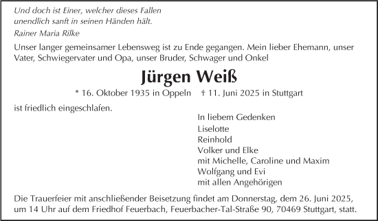 Traueranzeige von Jürgen Weiß von Stuttgarter Zeitung / Stuttgarter Nachrichten
