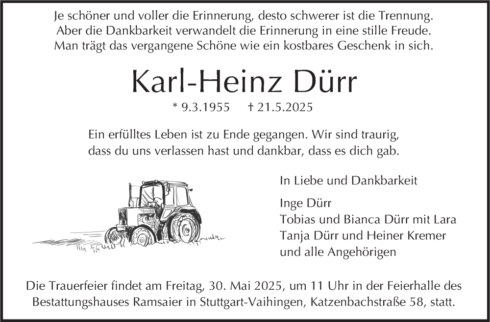  Traueranzeige für Karl-Heinz Dürr vom 24.05.2025 aus Stuttgarter Zeitung / Stuttgarter Nachrichten