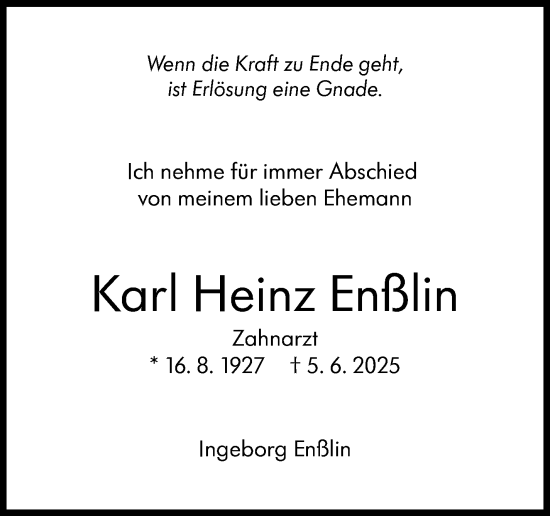 Traueranzeige von Karl Heinz Enßlin von Stuttgarter Zeitung / Stuttgarter Nachrichten