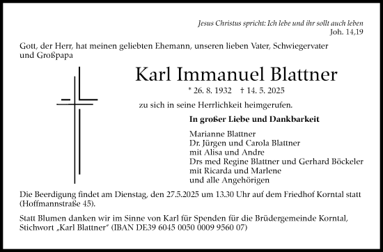 Traueranzeige von Karl Immanuel Blattner von Stuttgarter Zeitung / Stuttgarter Nachrichten