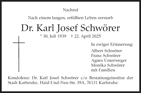 Traueranzeige von Karl Josef Schwörer von Stuttgarter Zeitung / Stuttgarter Nachrichten