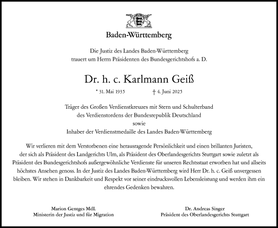 Traueranzeige von Karlmann Geiß von Stuttgarter Zeitung / Stuttgarter Nachrichten