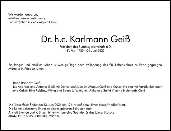 Traueranzeige von Karlmann Geiß von Stuttgarter Zeitung / Stuttgarter Nachrichten