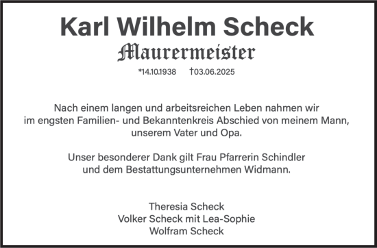 Traueranzeige von Karl Wilhelm Scheck von Stuttgarter Zeitung / Stuttgarter Nachrichten