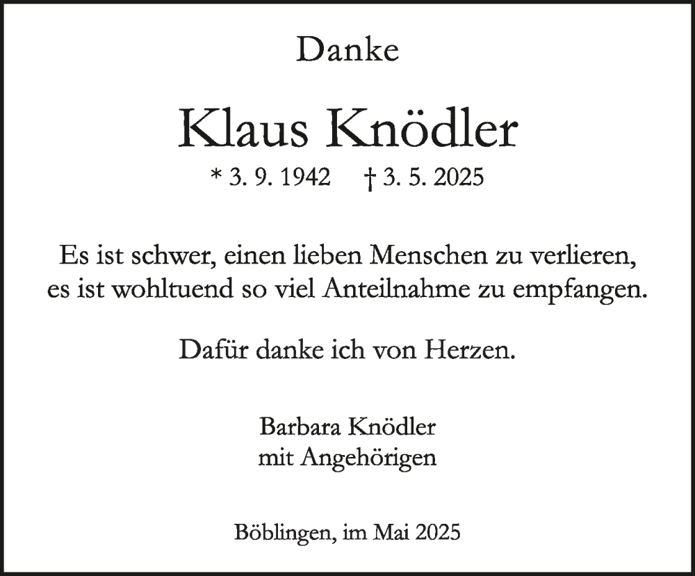  Traueranzeige für Klaus Knödler vom 23.05.2025 aus Stuttgarter Zeitung / Stuttgarter Nachrichten