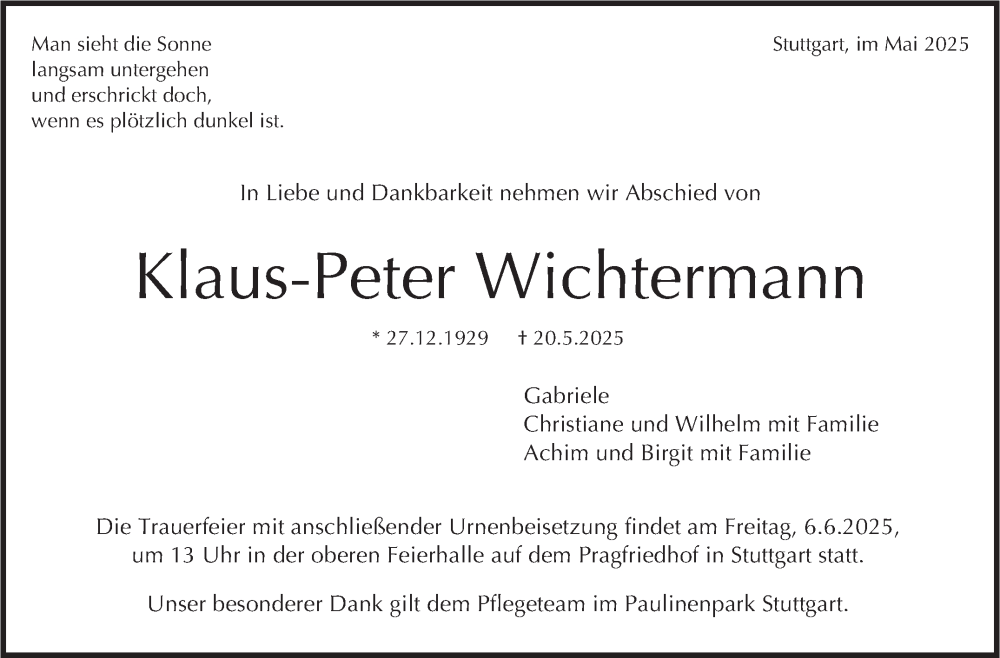  Traueranzeige für Klaus-Peter Wichtermann vom 31.05.2025 aus Stuttgarter Zeitung / Stuttgarter Nachrichten