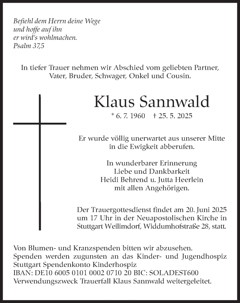  Traueranzeige für Klaus Sannwald vom 07.06.2025 aus Stuttgarter Zeitung / Stuttgarter Nachrichten