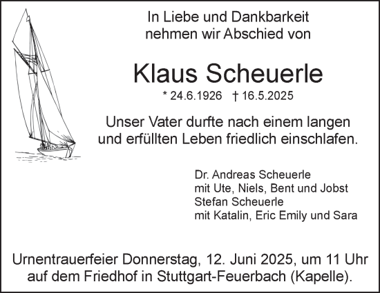 Traueranzeige von Klaus Scheuerle von Stuttgarter Zeitung / Stuttgarter Nachrichten
