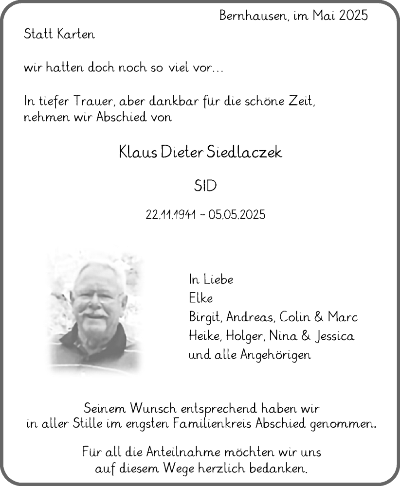  Traueranzeige für Klaus Dieter Stedlaczek vom 28.05.2025 aus Stuttgarter Zeitung / Stuttgarter Nachrichten