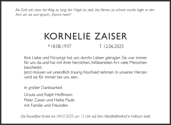 Traueranzeige von Kornelie Zaiser von Stuttgarter Zeitung / Stuttgarter Nachrichten