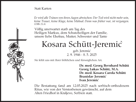 Traueranzeige von Kosara Schütt-Jeremic von Stuttgarter Zeitung / Stuttgarter Nachrichten
