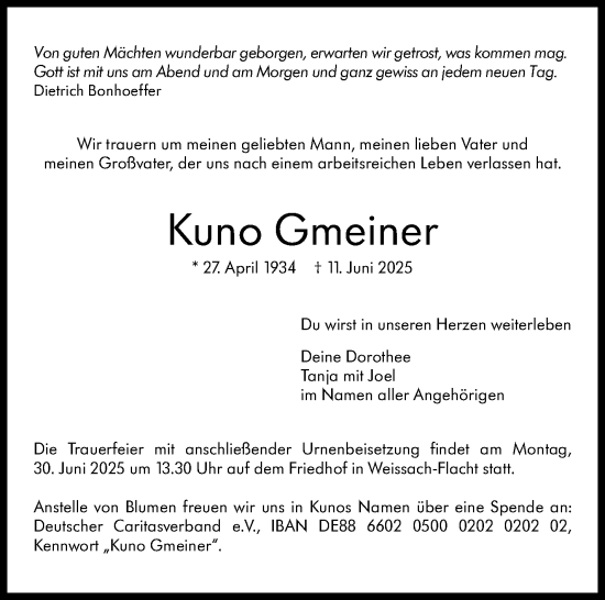 Traueranzeige von Kuno Gmeiner von Stuttgarter Zeitung / Stuttgarter Nachrichten