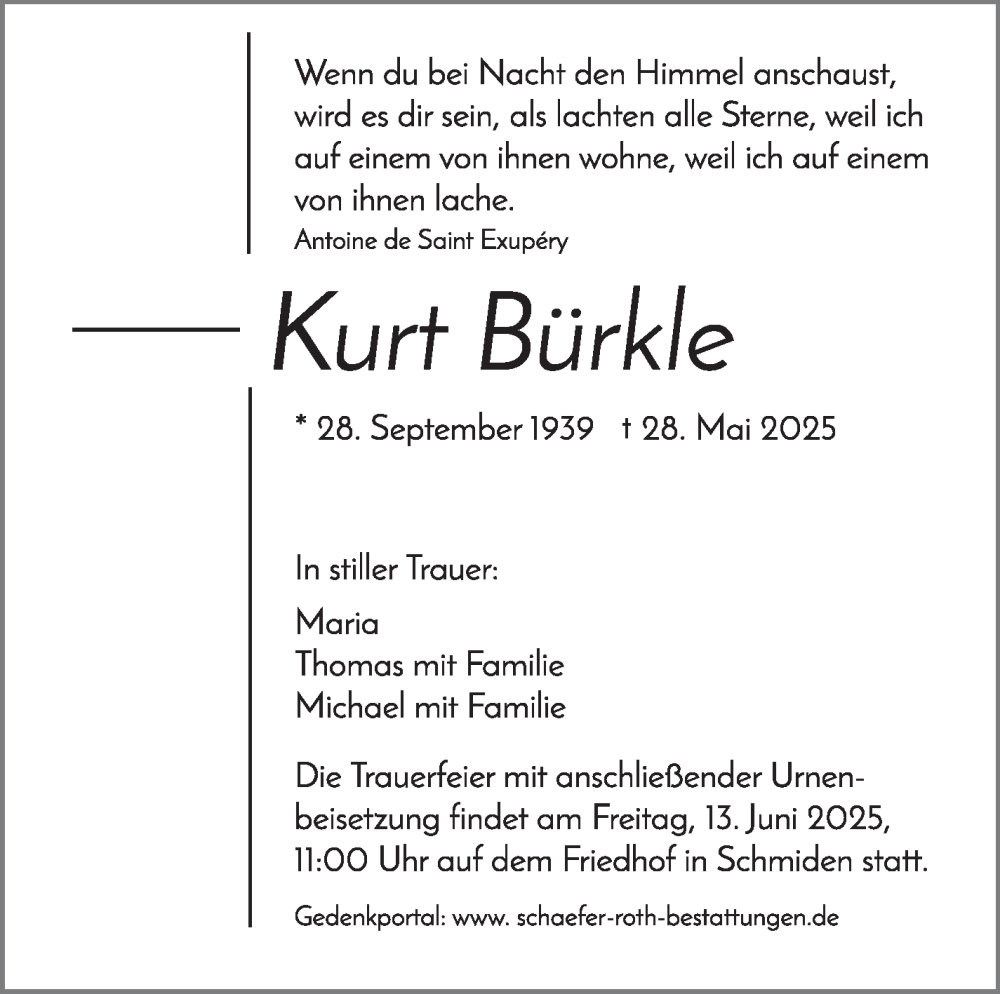  Traueranzeige für Kurt Bürkle vom 04.06.2025 aus Stuttgarter Zeitung / Stuttgarter Nachrichten