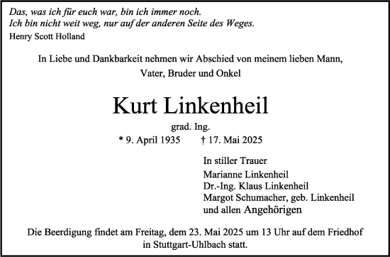 Traueranzeige von Kurt Linkenheil von Stuttgarter Zeitung / Stuttgarter Nachrichten