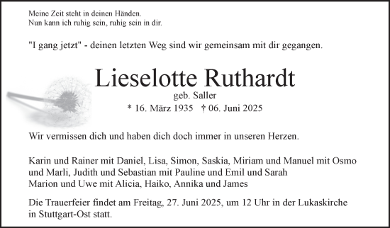 Traueranzeige von Lieselotte Ruthardt von Stuttgarter Zeitung / Stuttgarter Nachrichten