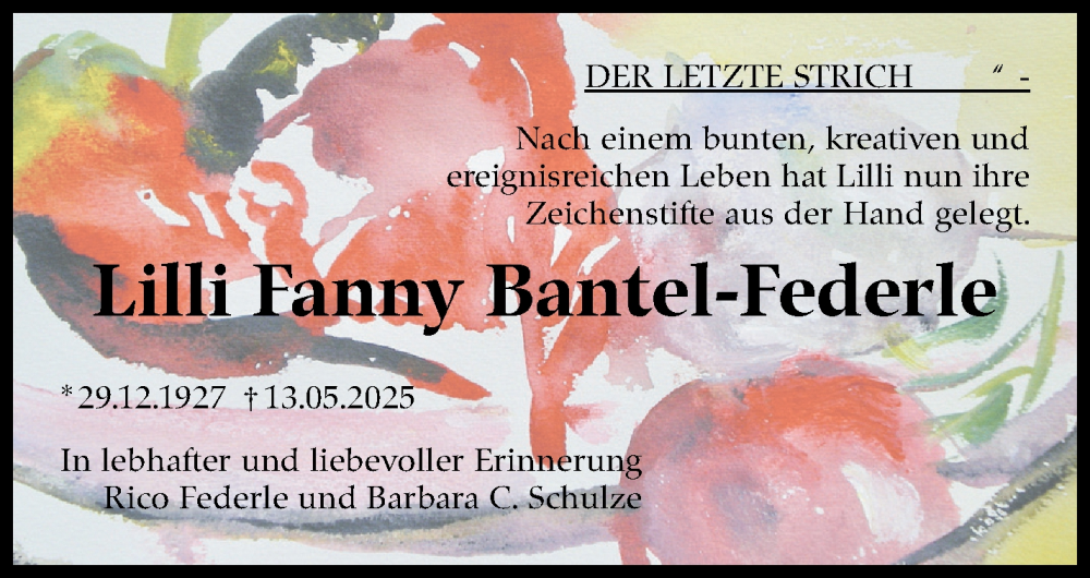  Traueranzeige für Lilli Fanny Bantel-Federle vom 07.06.2025 aus Stuttgarter Zeitung / Stuttgarter Nachrichten