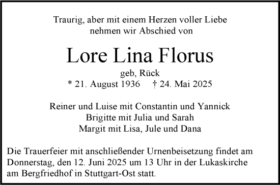 Traueranzeige von Lore Lina Florus von Stuttgarter Zeitung / Stuttgarter Nachrichten
