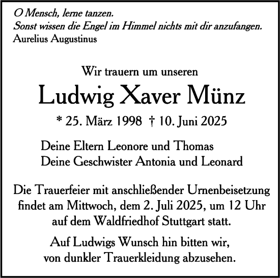 Traueranzeige von Ludwig Xaver Münz von Stuttgarter Zeitung / Stuttgarter Nachrichten