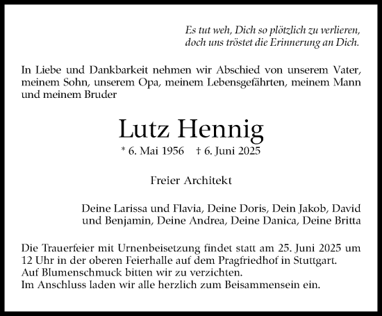 Traueranzeige von Lutz Hennig von Stuttgarter Zeitung / Stuttgarter Nachrichten