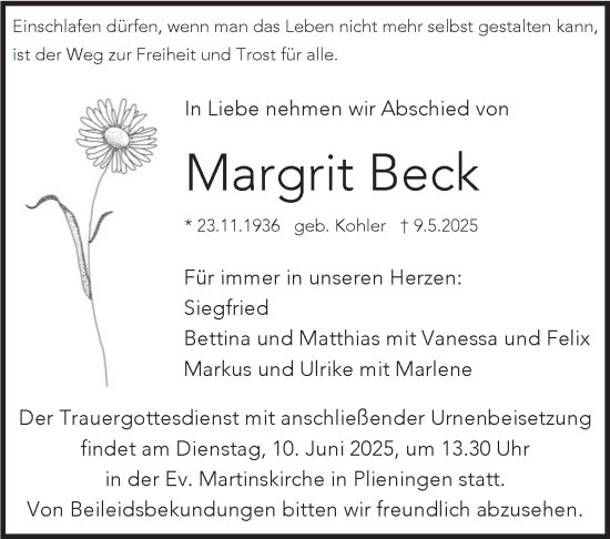 Traueranzeige von Margrit Beck von Stuttgarter Zeitung / Stuttgarter Nachrichten