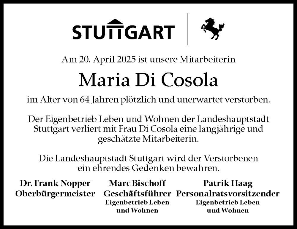  Traueranzeige für Maria Di Cosola vom 28.05.2025 aus Stuttgarter Zeitung / Stuttgarter Nachrichten
