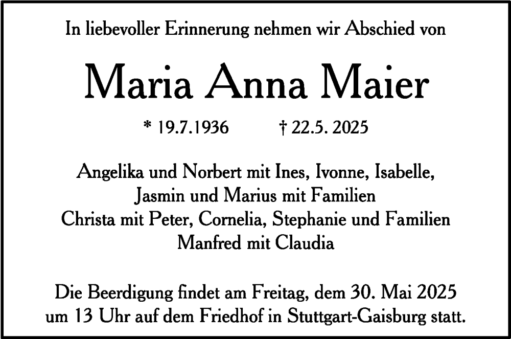  Traueranzeige für Maria Anna Maier vom 27.05.2025 aus Stuttgarter Zeitung / Stuttgarter Nachrichten