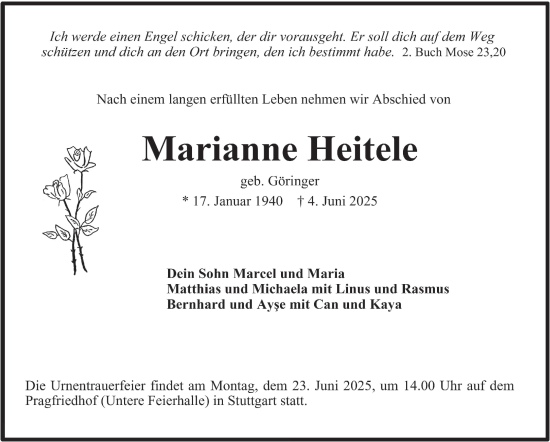 Traueranzeige von Marianne Heitele von Stuttgarter Zeitung / Stuttgarter Nachrichten