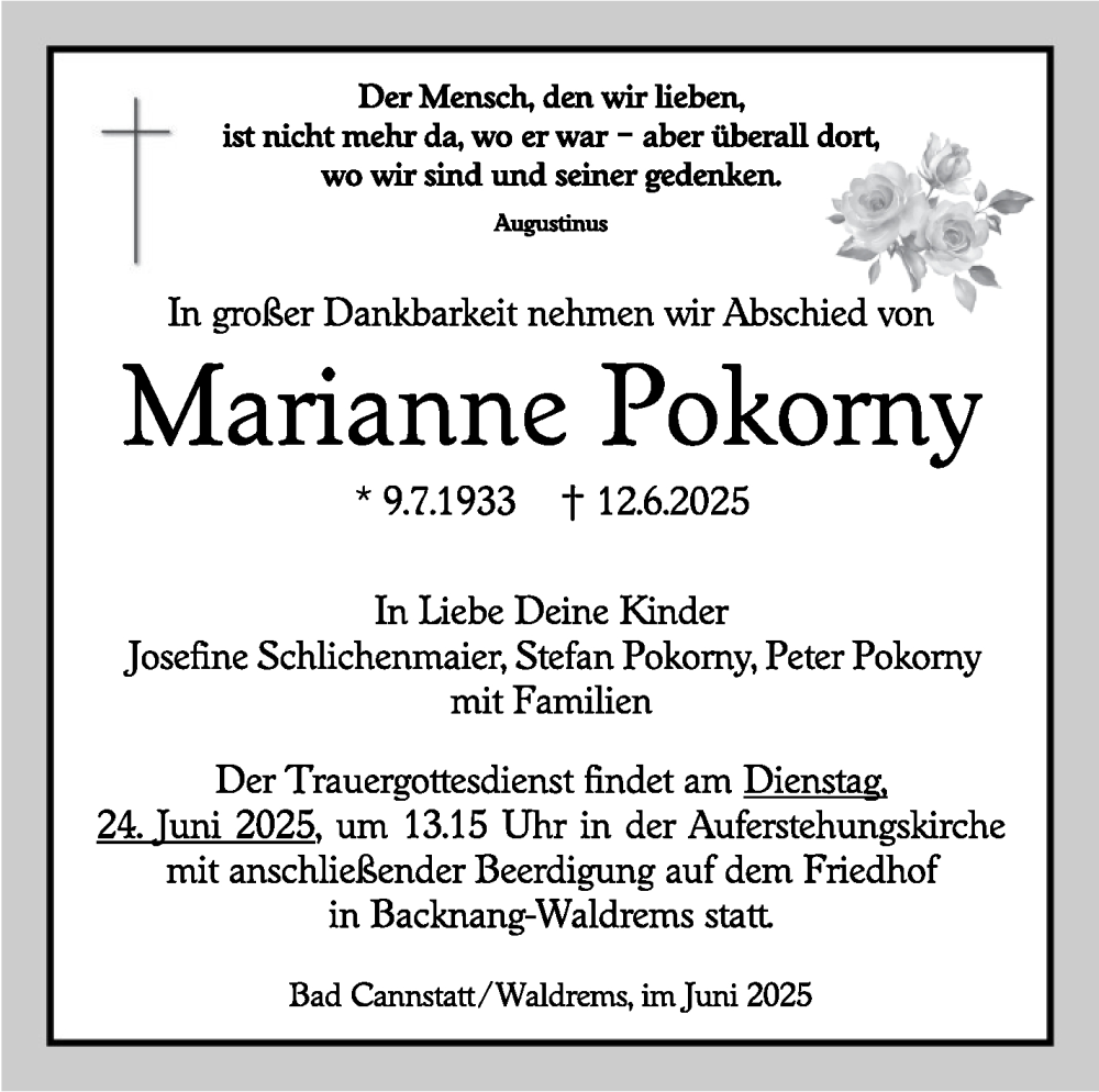  Traueranzeige für Marianne Pokorny vom 14.06.2025 aus Stuttgarter Zeitung / Stuttgarter Nachrichten