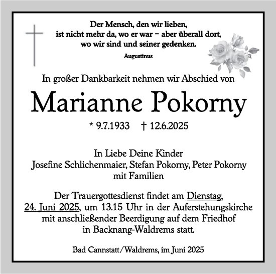 Traueranzeige von Marianne Pokorny von Stuttgarter Zeitung / Stuttgarter Nachrichten