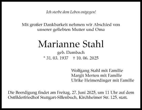 Traueranzeige von Marianne Stahl von Stuttgarter Zeitung / Stuttgarter Nachrichten