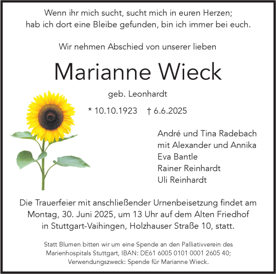 Traueranzeige von Marianne Wieck von Stuttgarter Zeitung / Stuttgarter Nachrichten