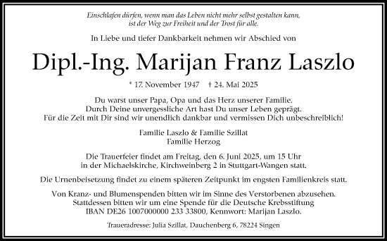 Traueranzeige von Marijan Franz Laszlo von Stuttgarter Zeitung / Stuttgarter Nachrichten