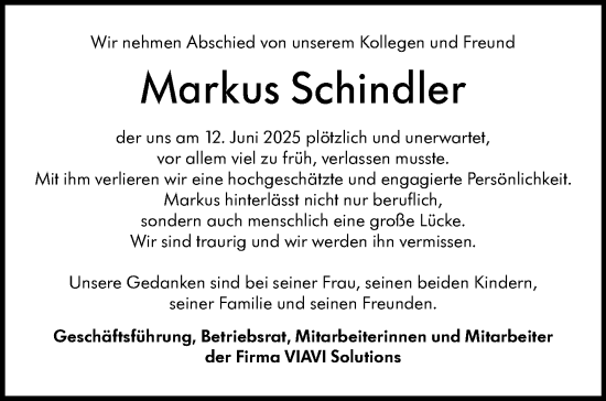 Traueranzeige von Markus Schindler von Stuttgarter Zeitung / Stuttgarter Nachrichten