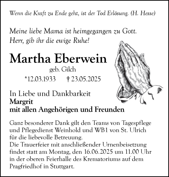 Traueranzeige von Martha Eberwein von Stuttgarter Zeitung / Stuttgarter Nachrichten
