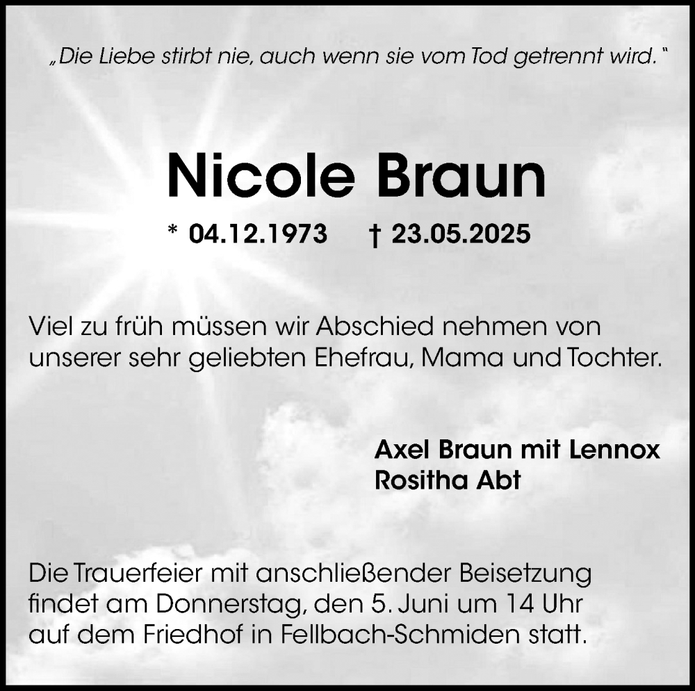  Traueranzeige für Nicole Braun vom 02.06.2025 aus Stuttgarter Zeitung / Stuttgarter Nachrichten