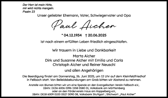 Traueranzeige von Paul Aicher von Stuttgarter Zeitung / Stuttgarter Nachrichten