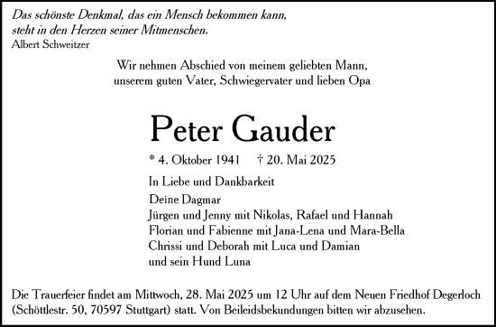 Traueranzeige von Peter Gauder von Stuttgarter Zeitung / Stuttgarter Nachrichten