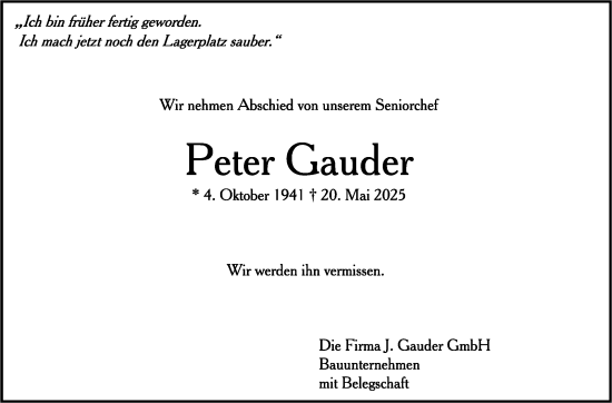 Traueranzeige von Peter Gauder von Stuttgarter Zeitung / Stuttgarter Nachrichten