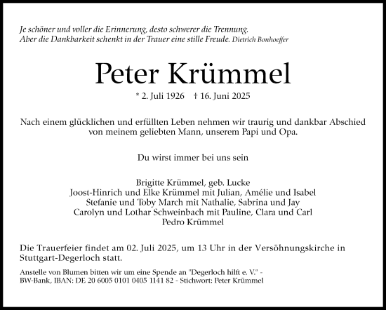 Traueranzeige von Peter Krümmel von Stuttgarter Zeitung / Stuttgarter Nachrichten