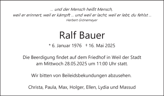 Traueranzeige von Ralf Bauer von Stuttgarter Zeitung / Stuttgarter Nachrichten