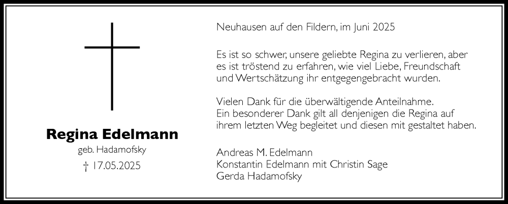  Traueranzeige für Regina Edelmann vom 14.06.2025 aus Stuttgarter Zeitung / Stuttgarter Nachrichten
