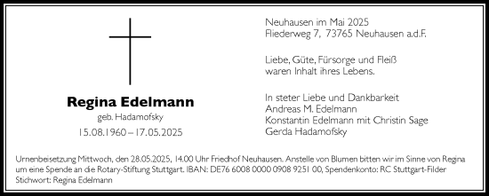 Traueranzeige von Regina Edelmann von Stuttgarter Zeitung / Stuttgarter Nachrichten