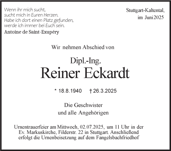 Traueranzeige von Reiner Eckardt von Stuttgarter Zeitung / Stuttgarter Nachrichten