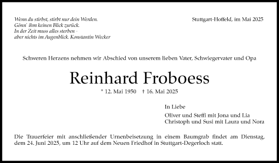 Traueranzeige von Reinhard Froboess von Stuttgarter Zeitung / Stuttgarter Nachrichten