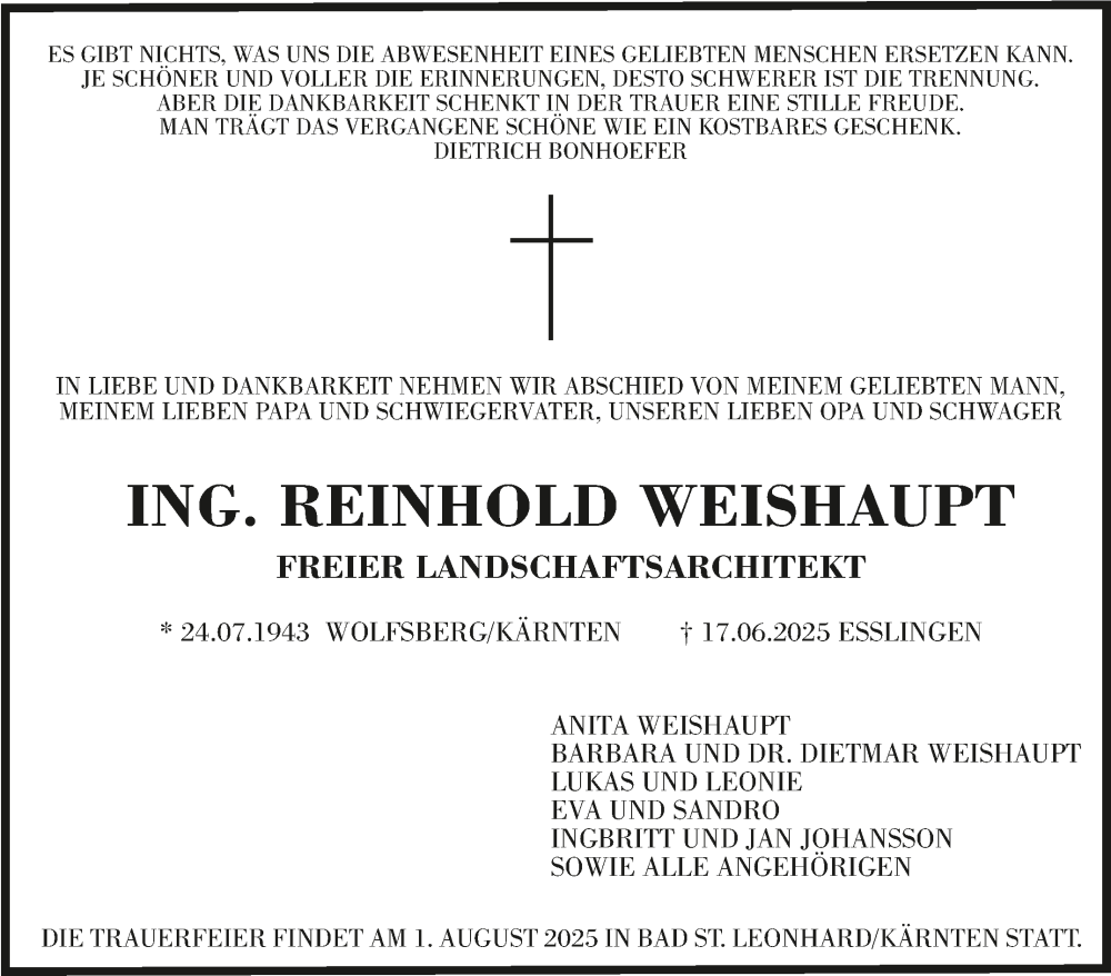  Traueranzeige für Reinhold Weishaupt vom 28.06.2025 aus Stuttgarter Zeitung / Stuttgarter Nachrichten