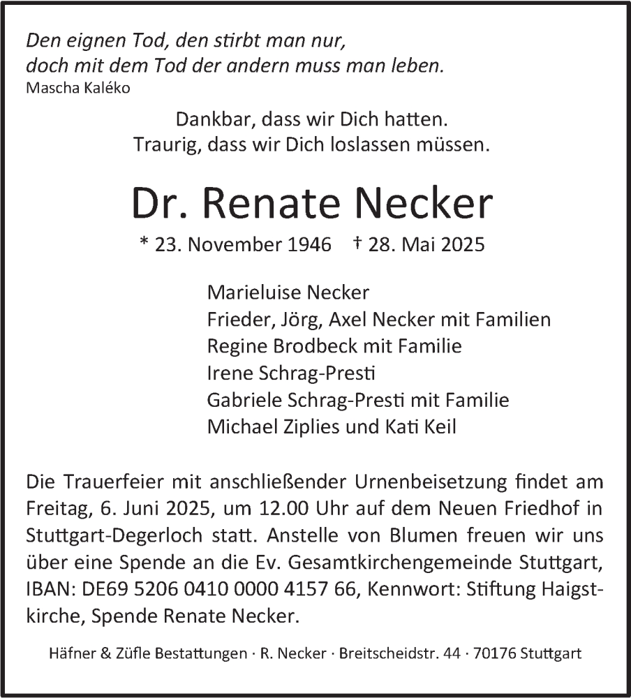  Traueranzeige für Renate Necker vom 04.06.2025 aus Stuttgarter Zeitung / Stuttgarter Nachrichten