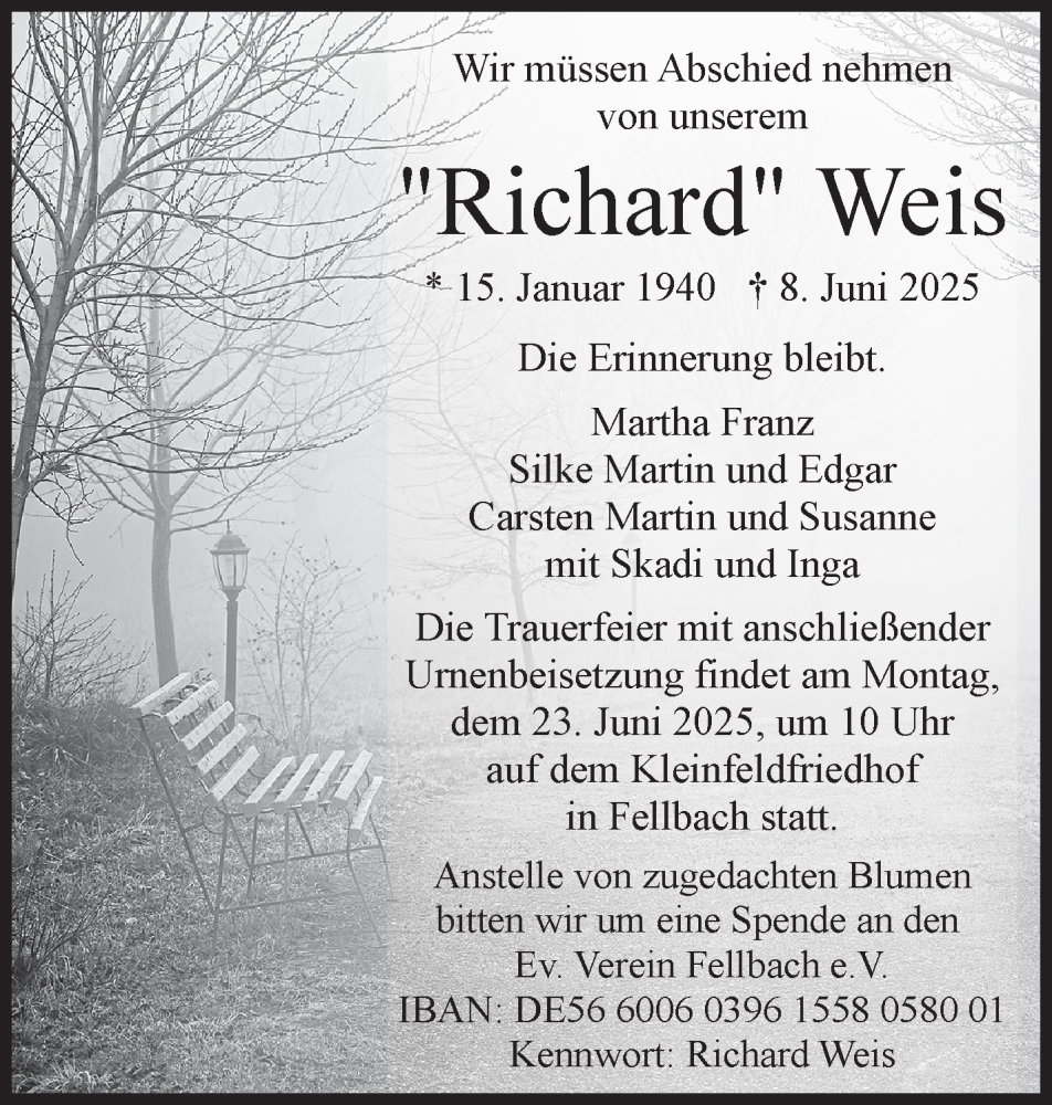  Traueranzeige für Richard Weis vom 18.06.2025 aus Stuttgarter Zeitung / Stuttgarter Nachrichten