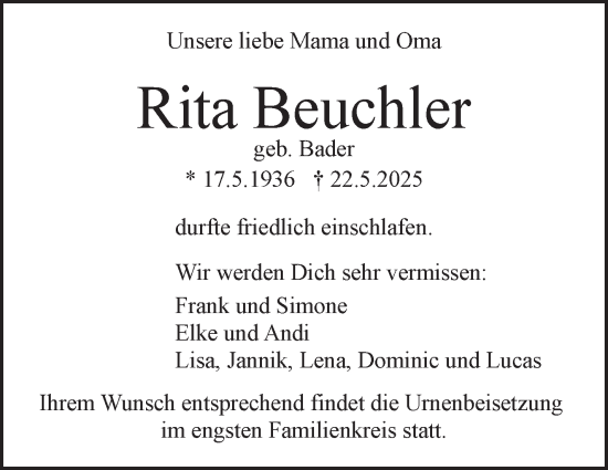 Traueranzeige von Rita Beuchler von Stuttgarter Zeitung / Stuttgarter Nachrichten