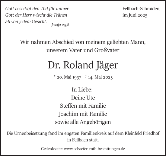 Traueranzeige von Roland Jäger von Stuttgarter Zeitung / Stuttgarter Nachrichten